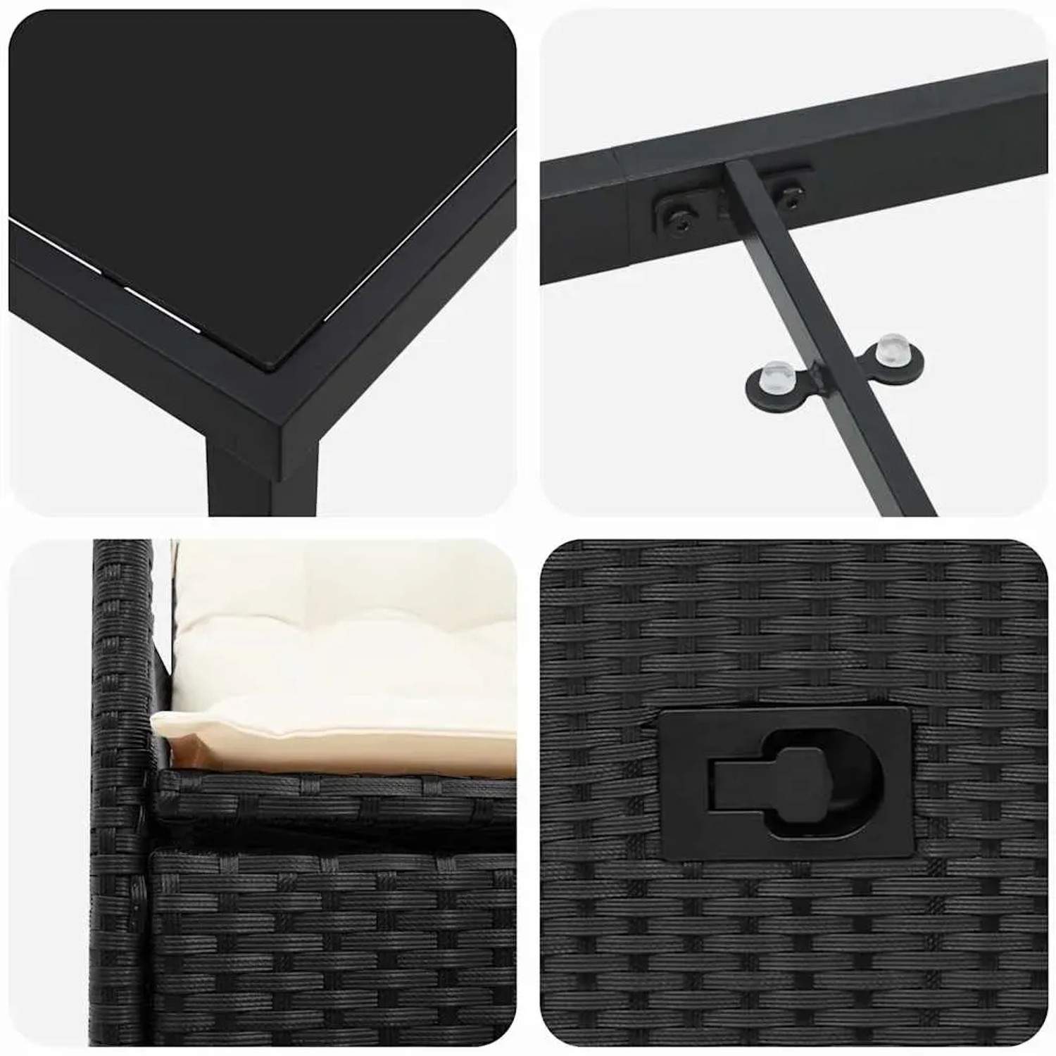 Detailansichten der vidaXL Garten Essgruppe, 5-teilig, schwarz, Poly Rattan, Tischplatte, Gestell und Rattanstruktur.