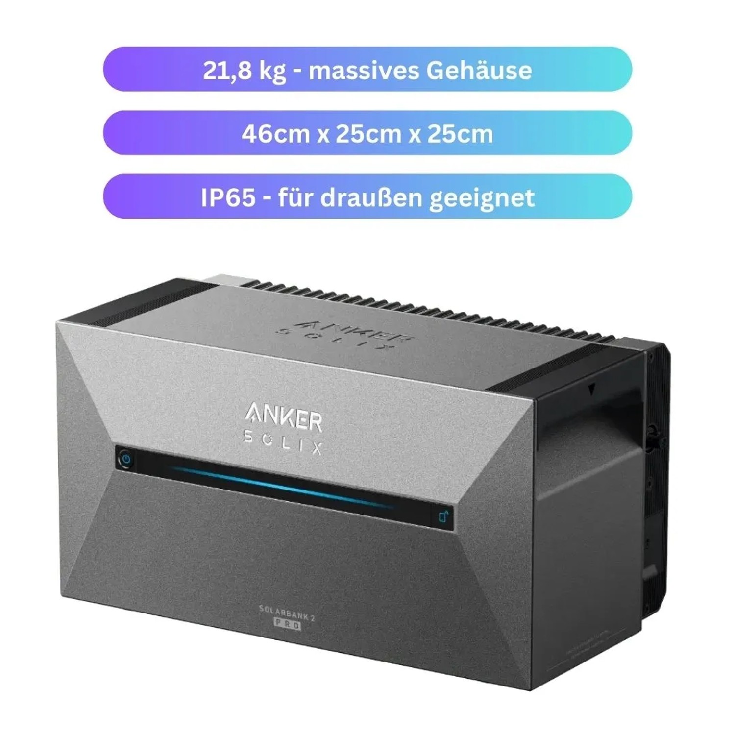 Anker SOLIX Solarbank 2 Pro für Balkonkraftwerk mit Speicher, graues Gehäuse.