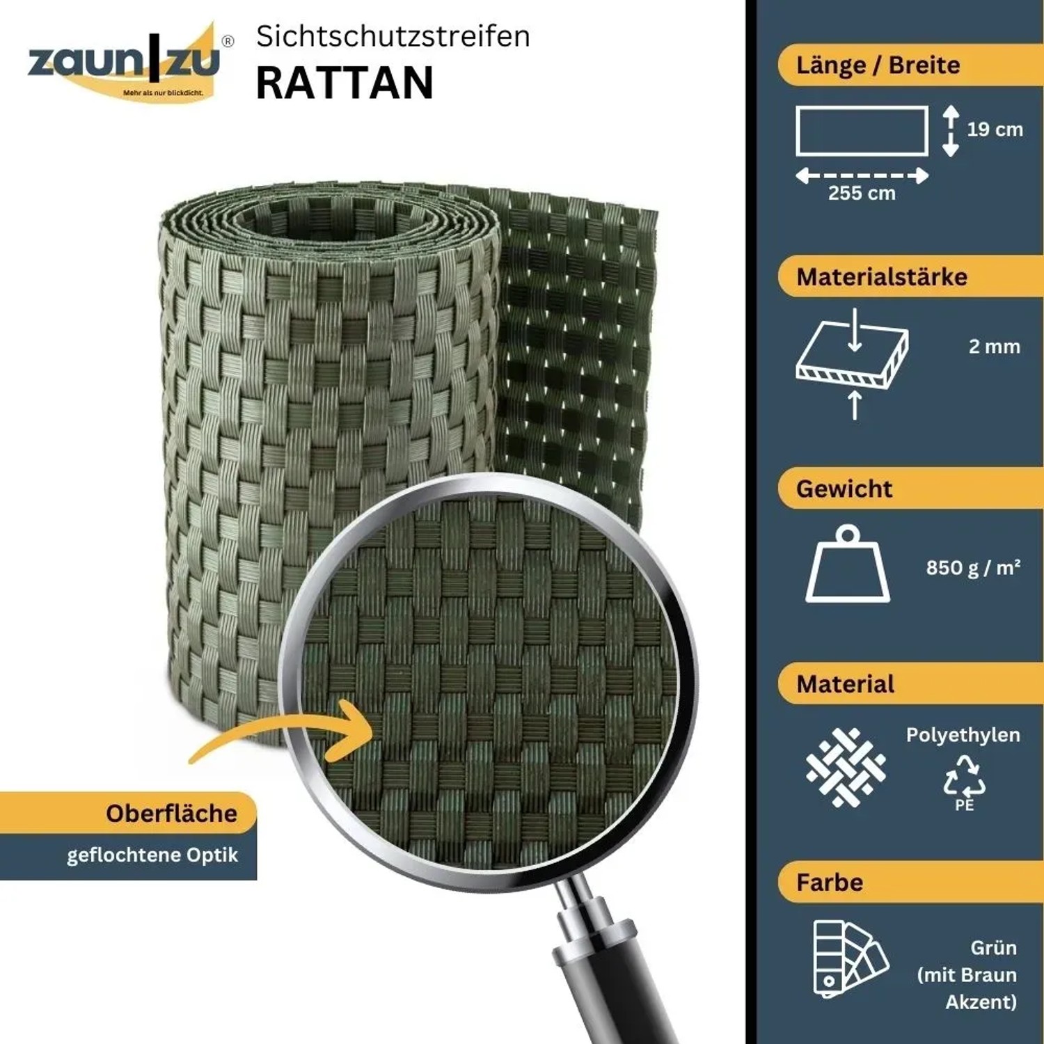 zaunzu Rattan Sichtschutzstreifen, grün, 2,55m, für Doppelstabmattenzaun.