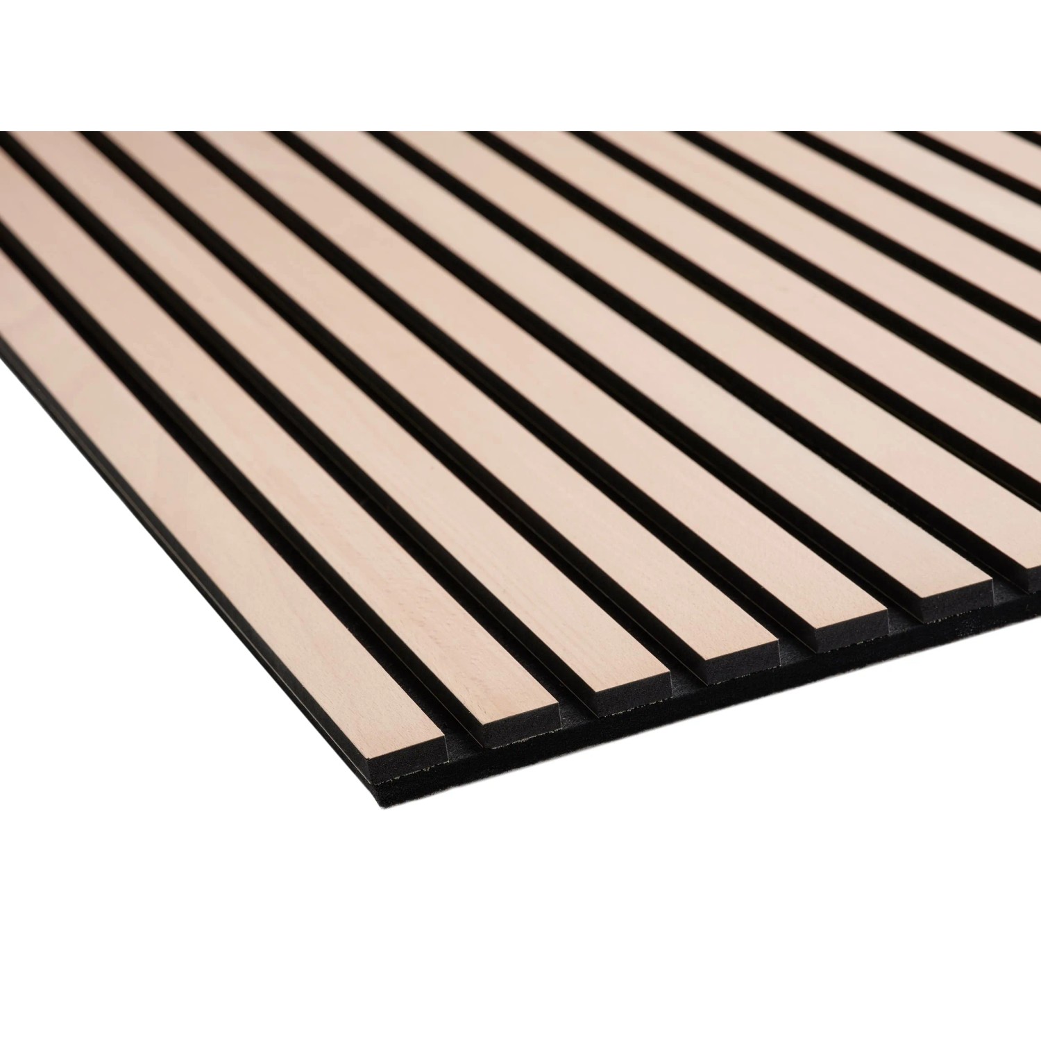 Akustikpaneel Buche mit schwarzen MDF-Leisten und Filz für Wand- und Deckenverkleidung, 60x240 cm.
