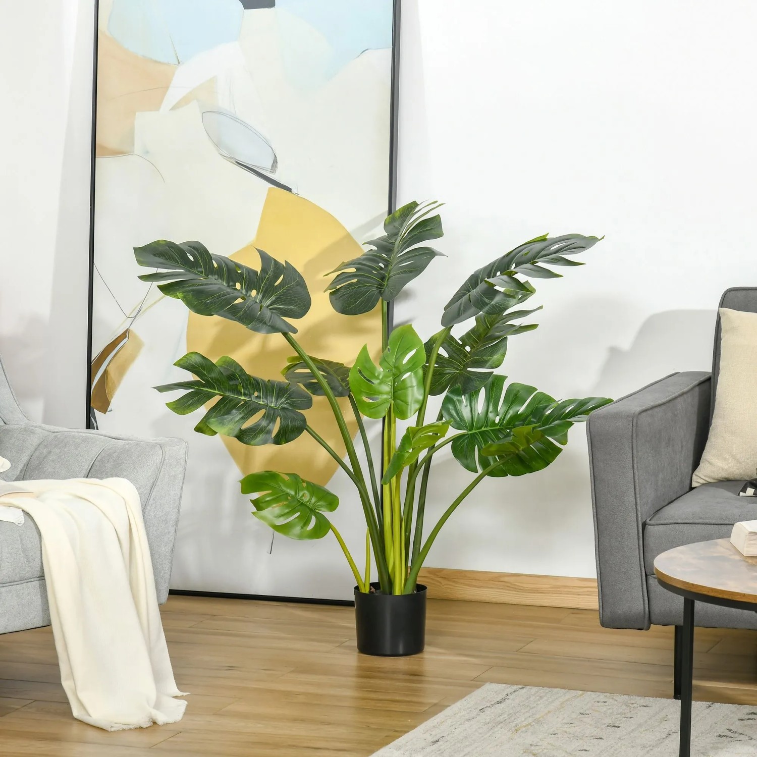 HOMCOM Künstliche Monstera Pflanze, 110 cm hoch, im schwarzen Kunststofftopf, als Wohnzimmer-Deko.