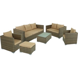 Braune 6-teilige Garden Pleasure Sitzgruppe Murcia aus Polyrattan mit Tisch, Sofas, Sesseln und Hocker.