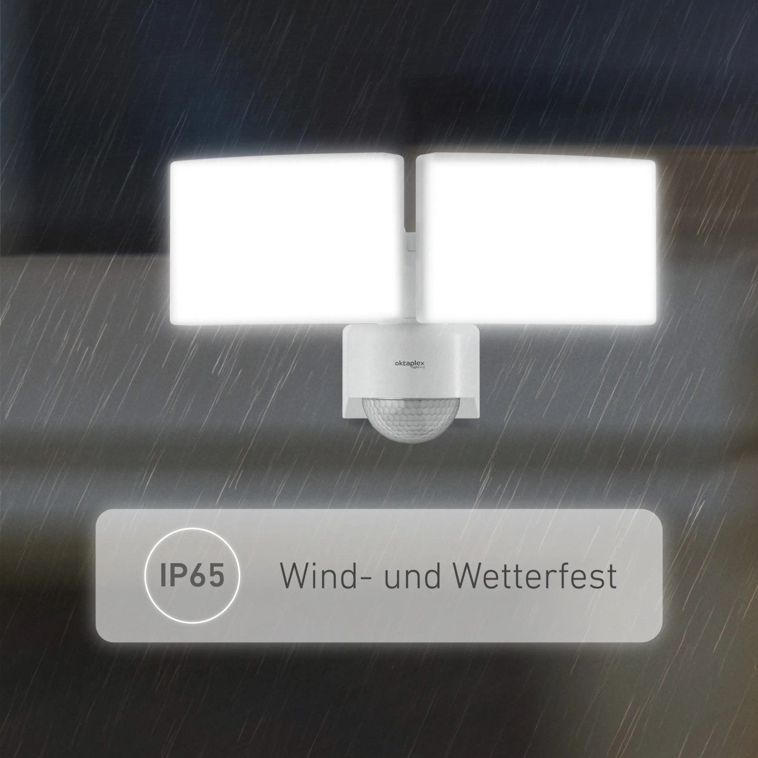 Weißer Oktaplex LED Außenstrahler mit Bewegungsmelder, schwenkbar, 40W, IP65.