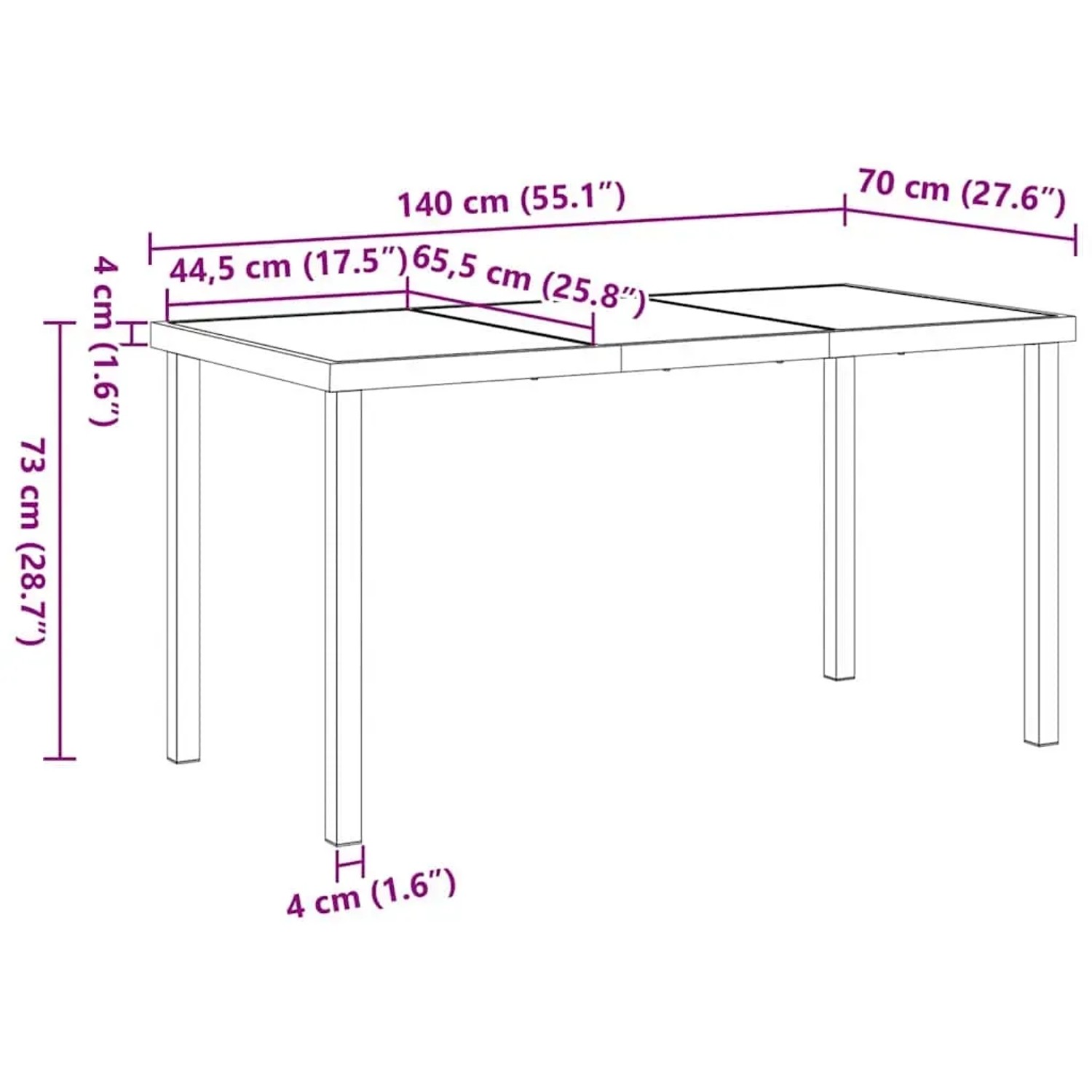 Skizze des vidaXL Garten Esstischs, 140x70x73cm, zur Veranschaulichung der Abmessungen.