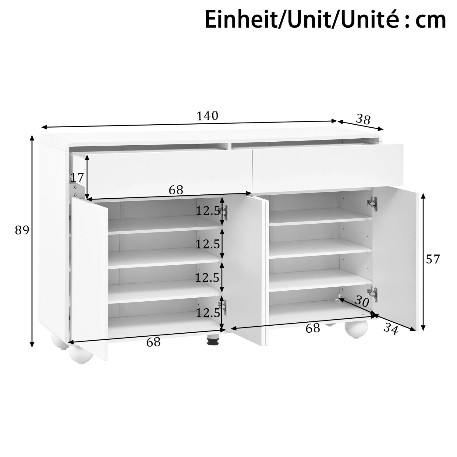 Weißes Sideboard mit geschwungenen Türen, 2 Schubladen, 4 Türen, verstellbaren Regalen. Maße 140x38x89 cm.