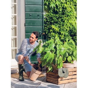Mann bepflanzt Deroma Alto Duo Pflanztopf (weiß gestreift) im Garten.