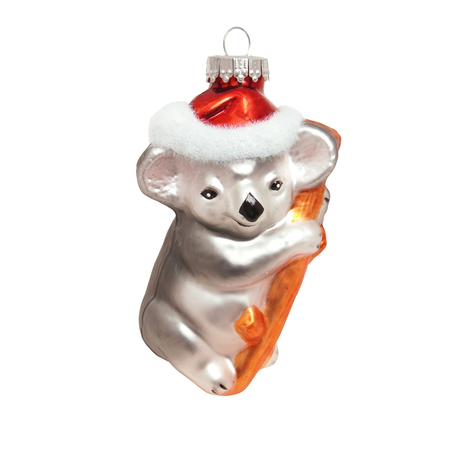 Krebs Glas Lauscha Baumschmuck Koala mit Mütze Silberfarbig 12cm
