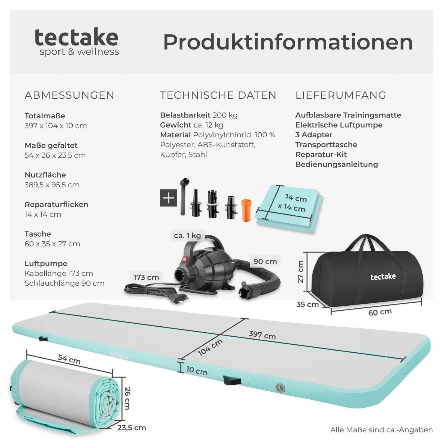 Tectake Airtrack Trainingsmatte mit Luftpumpe, Adaptern und Tasche, grau-blau, ca. 397x104x10cm.