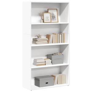 Weißes Bücherregal aus Holzwerkstoff mit 5 offenen Fächern, gefüllt mit Büchern und Deko. Ideal für Stauraum.