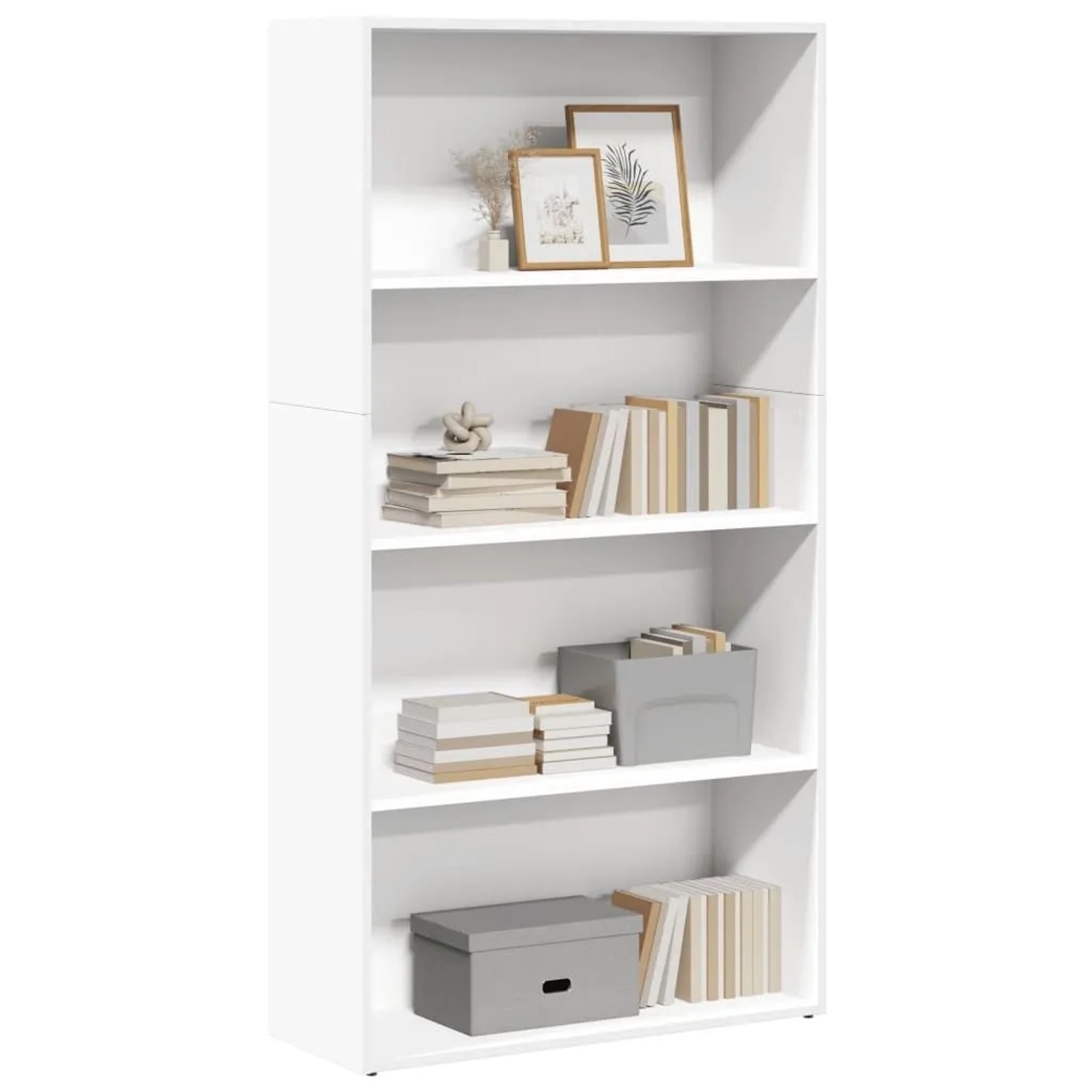 Weißes Bücherregal aus Holzwerkstoff mit 5 offenen Fächern, gefüllt mit Büchern und Deko. Ideal für Stauraum.