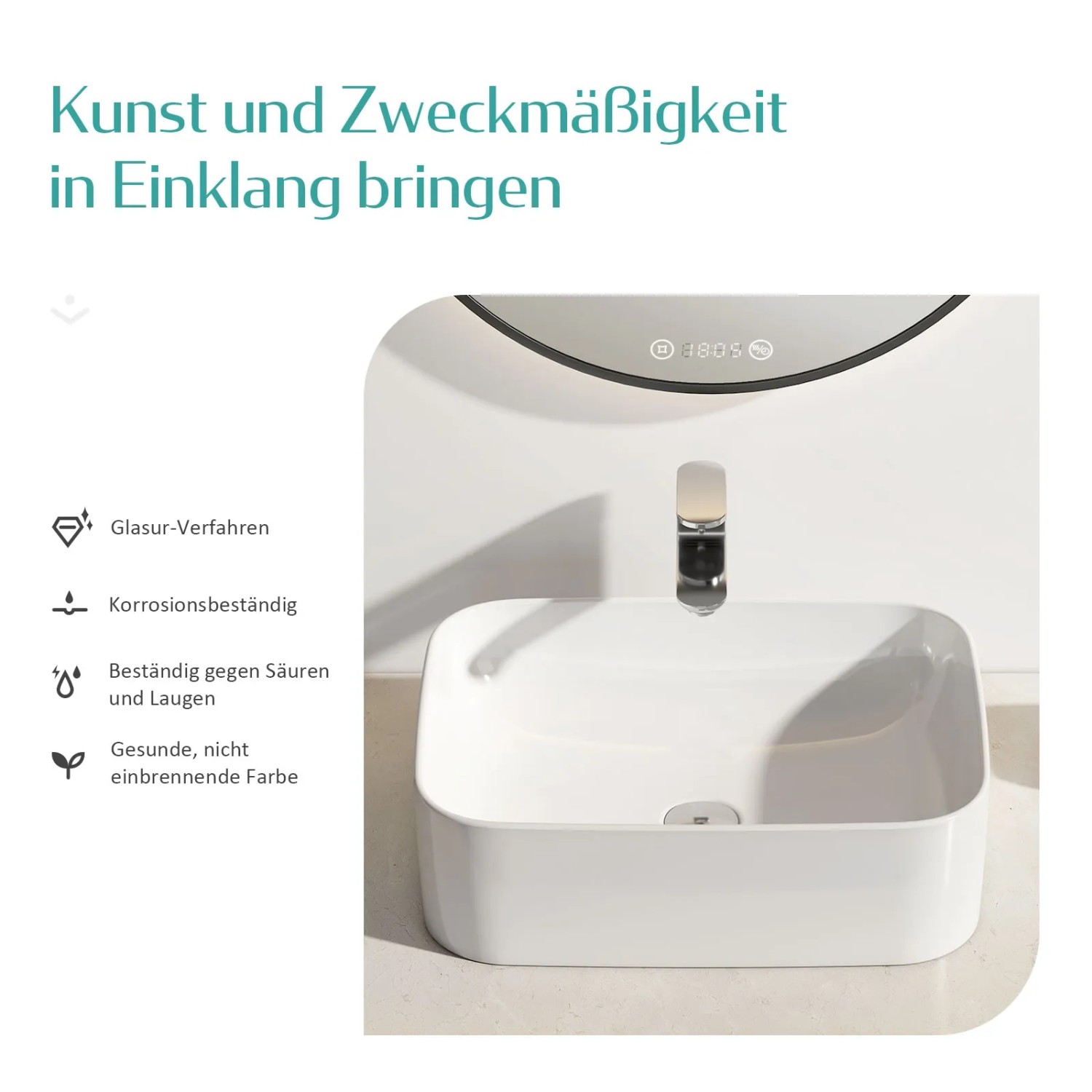 Weißes, eckiges Emke Handwaschbecken Aufsatzwaschbecken aus Keramik, 61x15x38 cm.