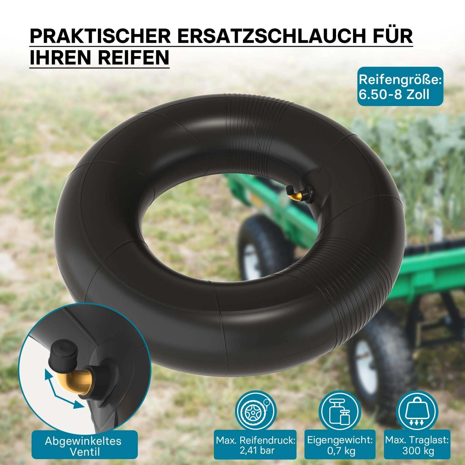 Schwarzer Wiltec Luftschlauch 16x6.50-8 für Rasenmäherreifen mit abgewinkeltem TR87 Ventil. Ideal für Rasentraktoren.