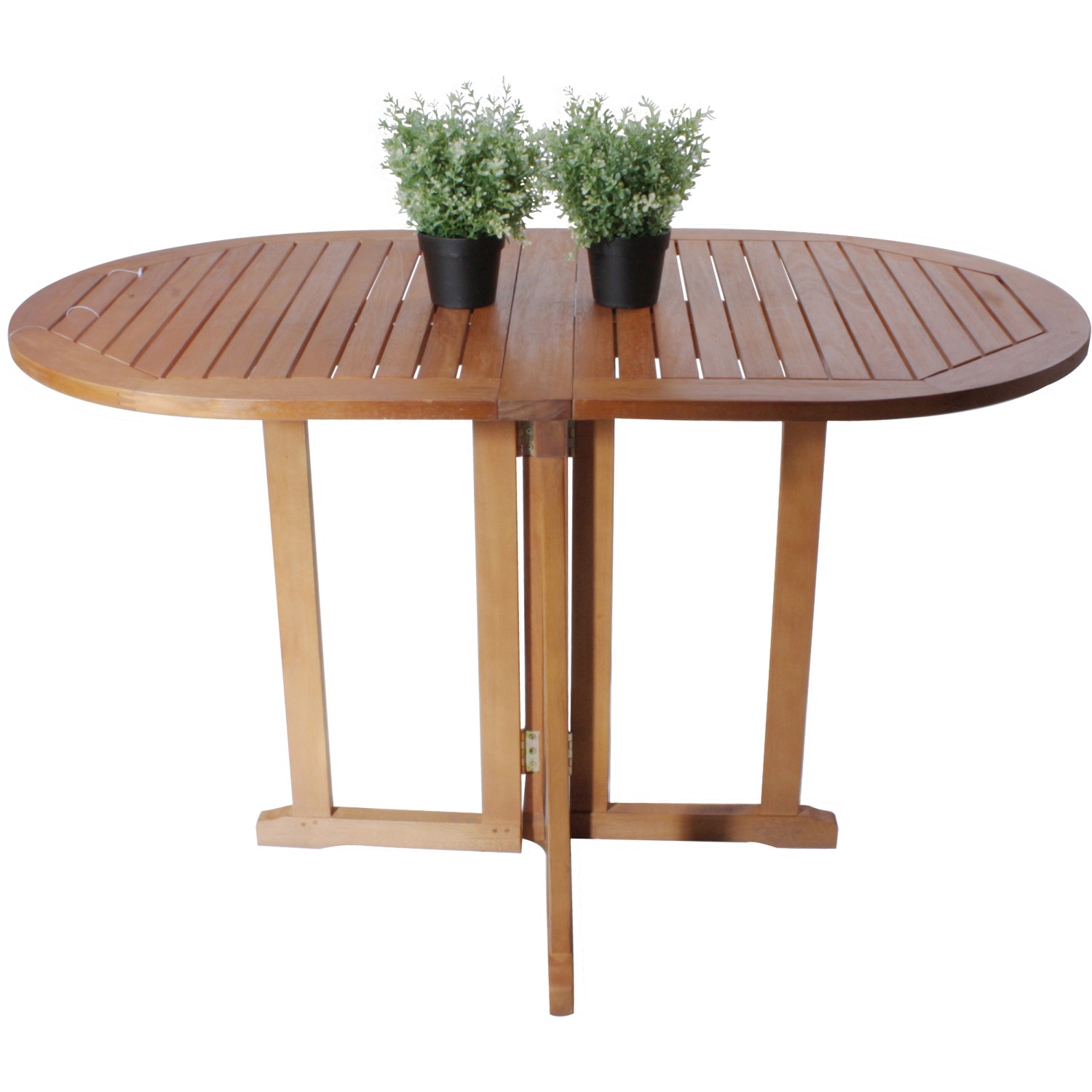 Ovaler, klappbarer Balkontisch Baltimore aus Holz, mit zwei Deko-Pflanzen.