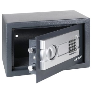 Offener HMF Möbeltresor in Anthrazit mit elektronischem Zahlenschloss und sichtbaren Doppelbolzen.