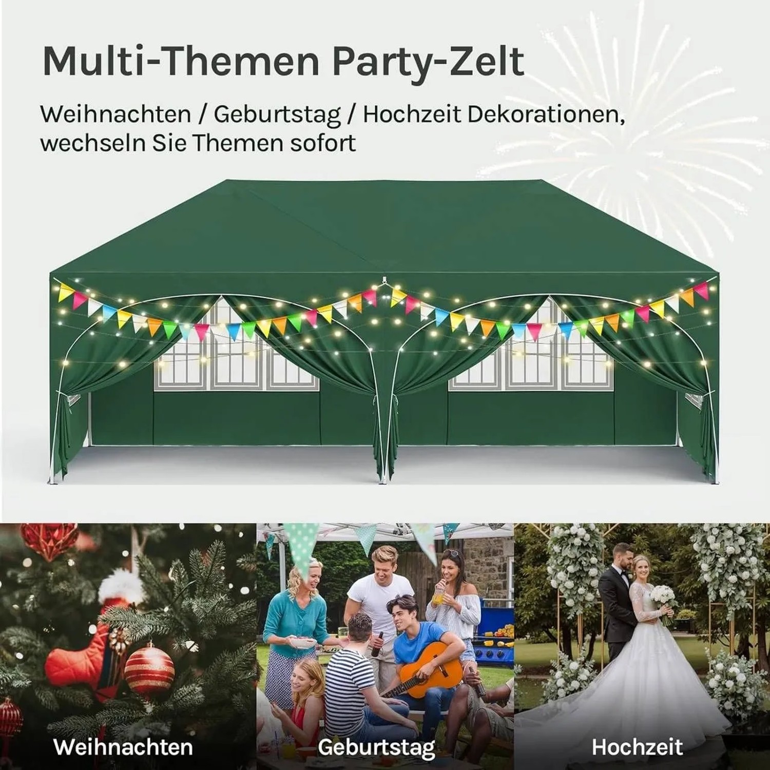 Grüner WOLTU Pavillon 3x6m mit Seitenwänden, festlich dekoriert mit Lichterketten und Wimpeln für Partys.