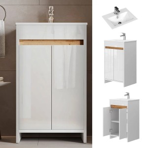 Vicco Badmöbel-Set Lemgo, weiß/hochglanz, mit Waschbecken und Unterschrank mit 2 Türen.