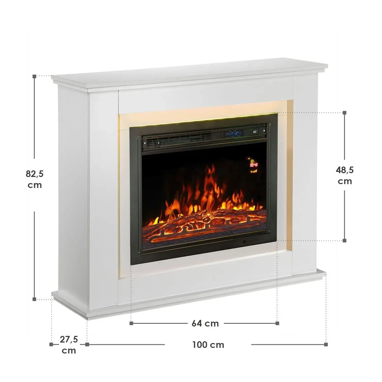 Rechteckiger, weißer Juskys Elektrokamin mit Heizung und Flammeneffekt, Maße.