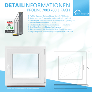 Framelux Kunststofffenster Proline Anthrazit, 3-fach Verglasung, Linksanschlag, 700x700 mm.