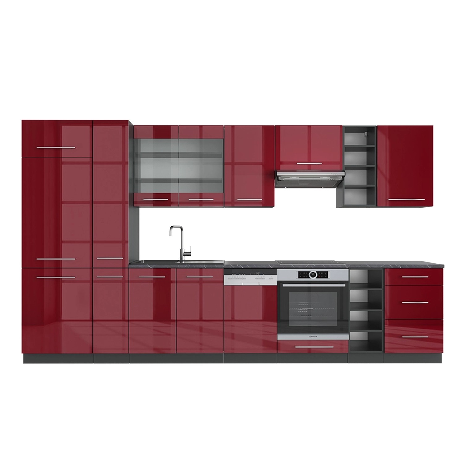 Vicco Fame-Line Küchenzeile Bordeaux Hochglanz/Anthrazit 355 cm ohne Arbeit günstig online kaufen