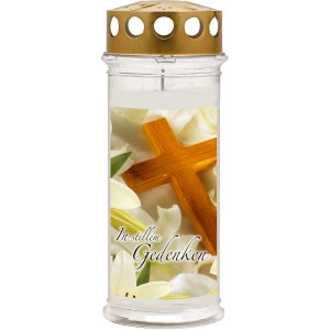 Ambrosius Grablicht In stillem Gedenken mit Kreuz und Lilien Motiv.