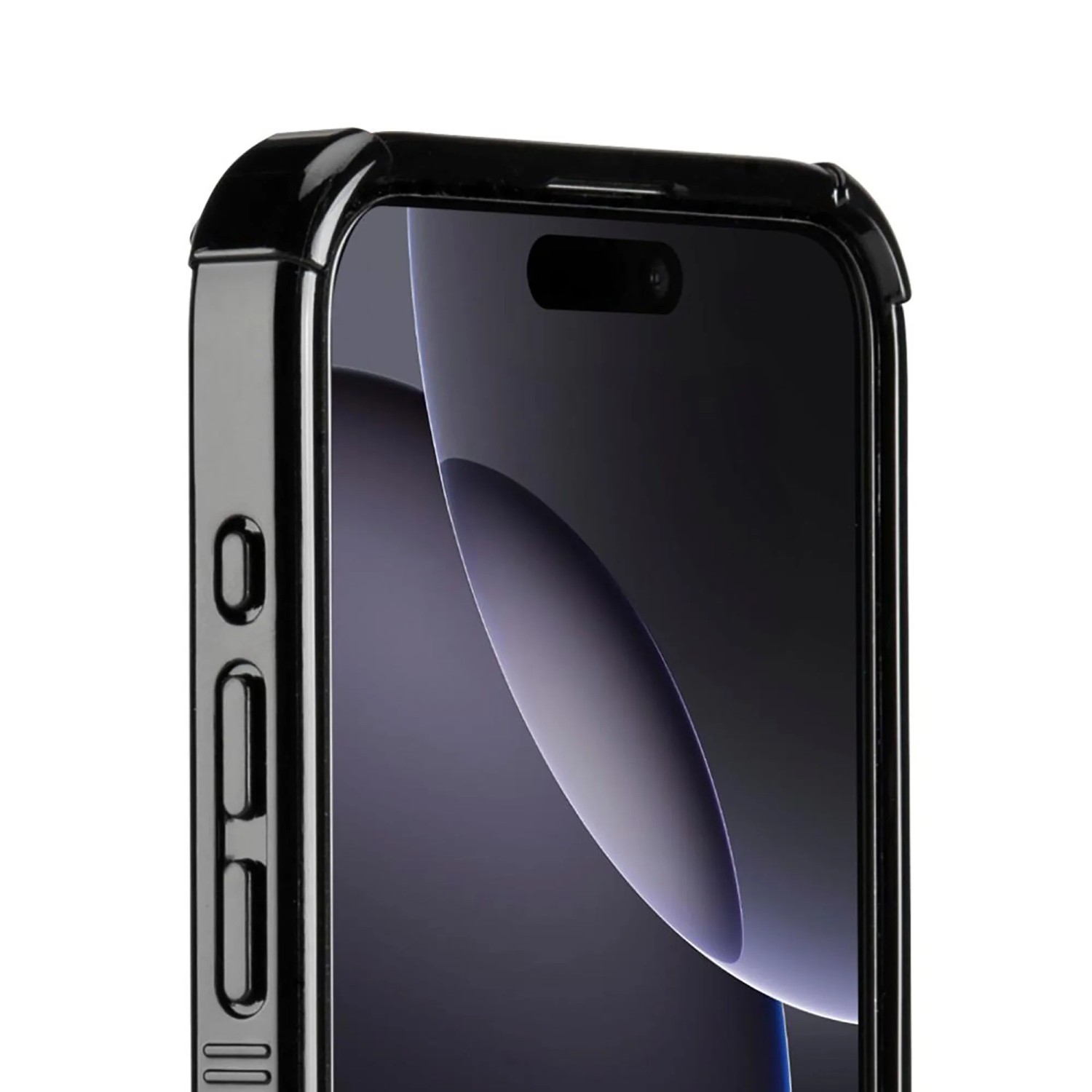 Schwarze Hama Handyhülle Extreme Protect für iPhone 16 Pro. Nahaufnahme zeigt erhöhte Kanten und Seitentasten für optimalen Schutz.