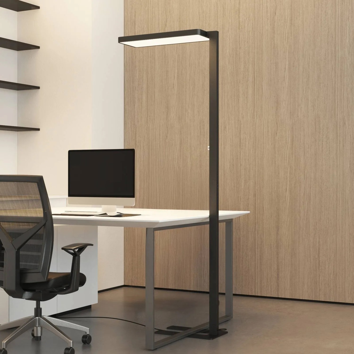 Moderne, dimmbare LED-Stehlampe Timon in Schwarz für das Arbeitszimmer.