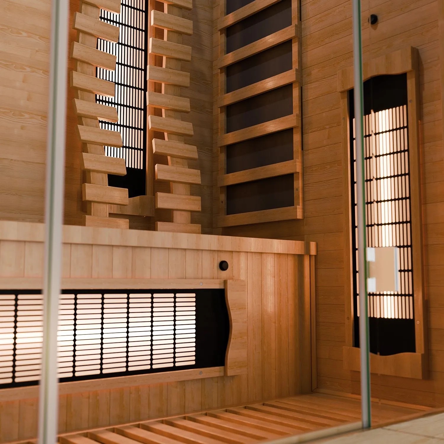 Innenansicht der Artsauna Infrarotkabine Kiruna130 Premium aus Hemlockholz mit Dual Technologie.