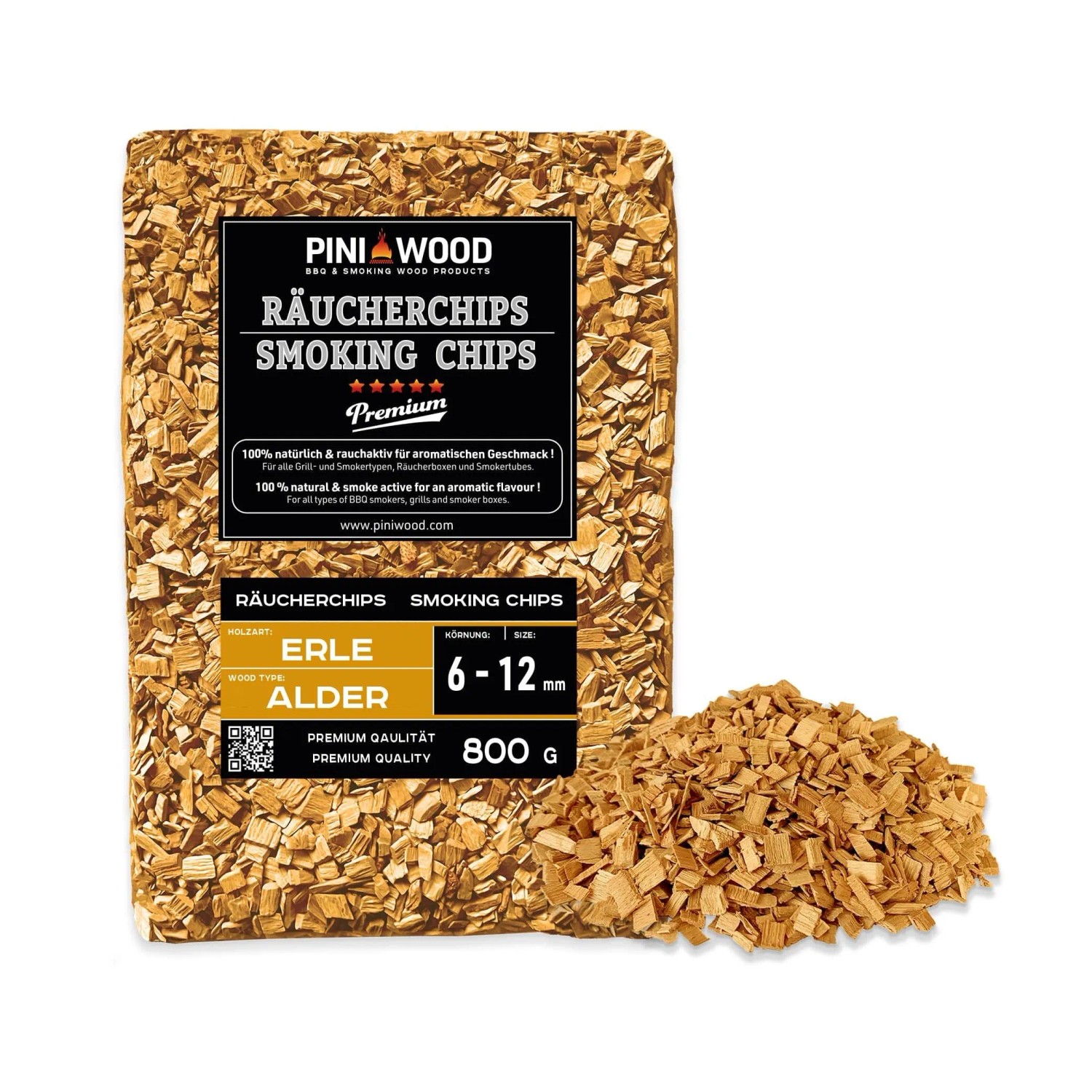 PINI Räucherchips 800 g Erle ohne Rinde 6-12 mm Smoking Chips Räucherspäne