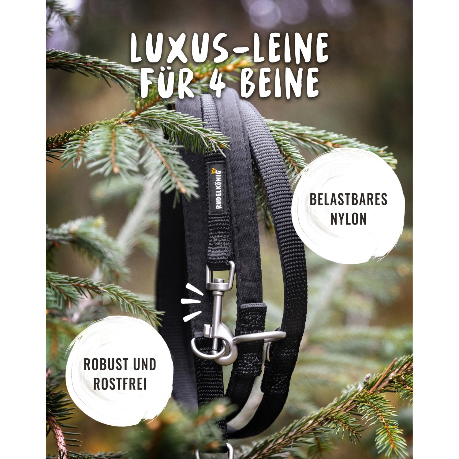 Schwarze Rudelkönig Hundeleine Bella, 230 cm Führleine mit gepolstertem Griff.