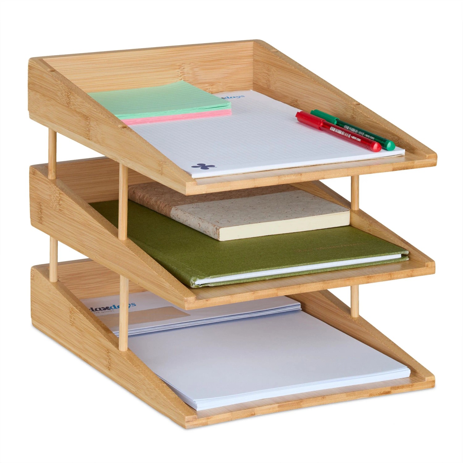 Relaxdays Briefablage 3 Fächer Bambus Natur Stapelbar 26,5 cm x 25 cm x 34 cm