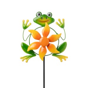 Deko-Gartenstecker: Grüner Frosch mit orangefarbenem Windrad, 80 cm hoch.