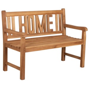 Gartenbank Home aus Teakholz, 120 cm breit, mit Schriftzug HOME im Rückenteil.