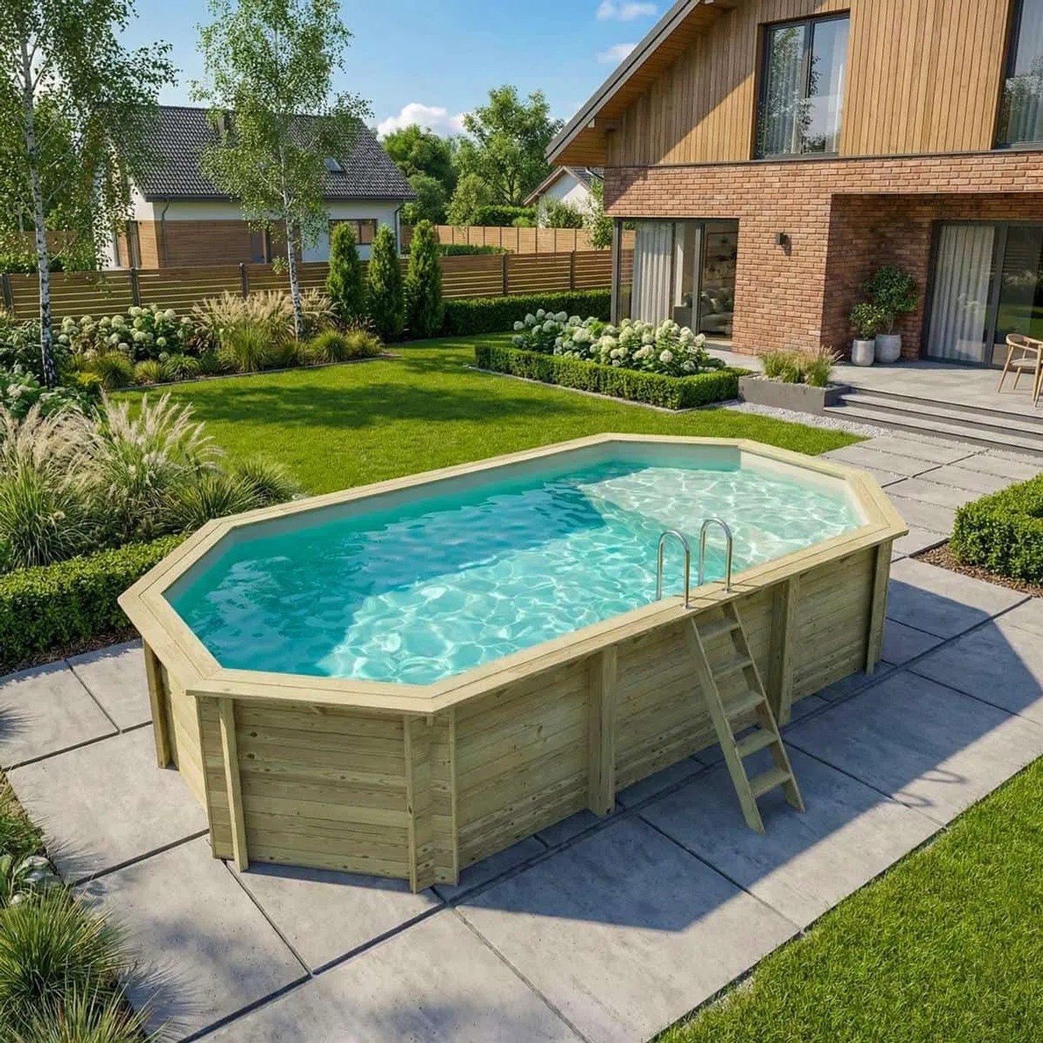ALTANKA Holzpool Nemo 7,3x3,97 Höhe 1,45 m SANDFARBEN mit Liegefläche mit am Beton Verschraubten Stützen BAS7305OSPL3+PLA305_2