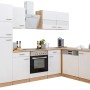 Respekta Winkelküche KBL280ESWSC in Weiß und Eiche Sonoma Sägerau Nachbildung mit E-Geräten.