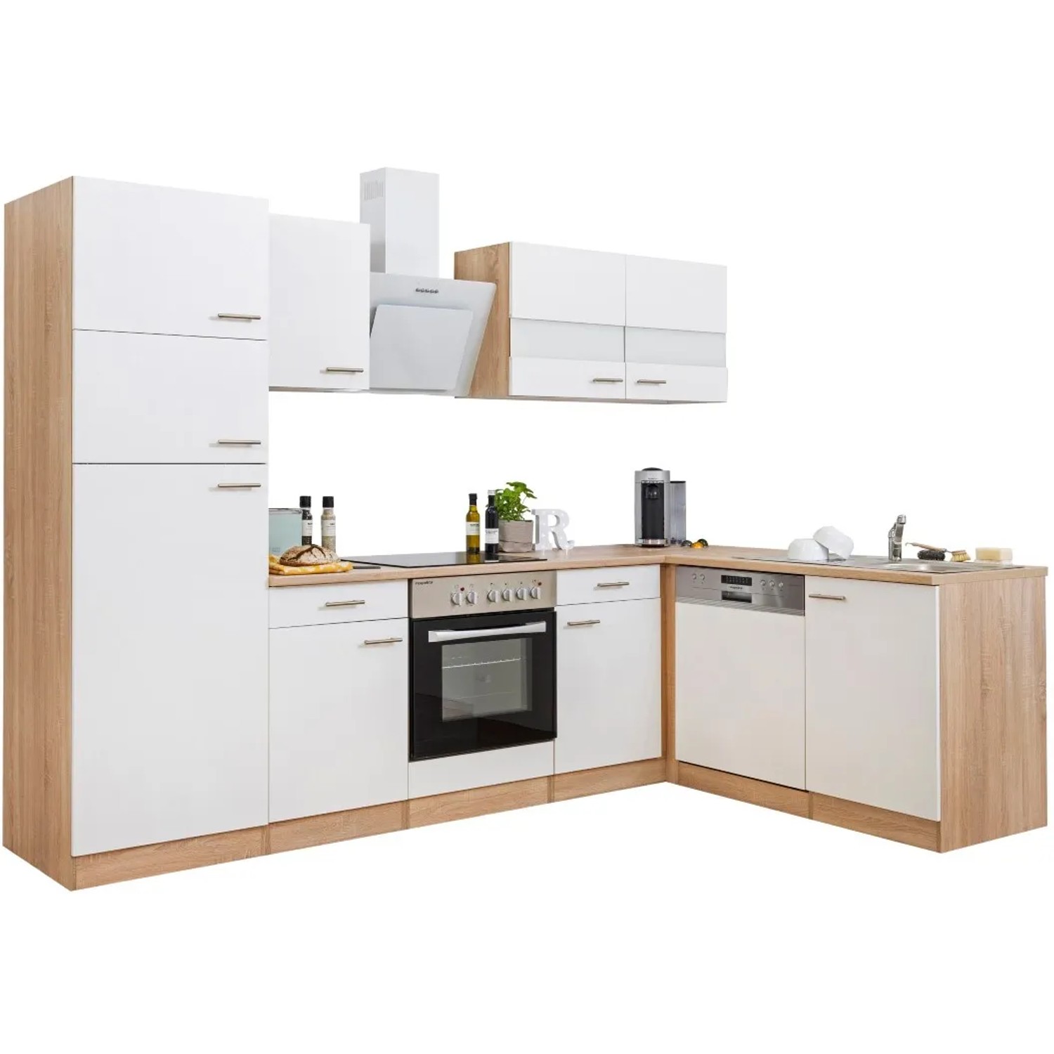 Respekta Winkelküche KBL280ESWSC in Weiß und Eiche Sonoma Sägerau Nachbildung mit E-Geräten.
