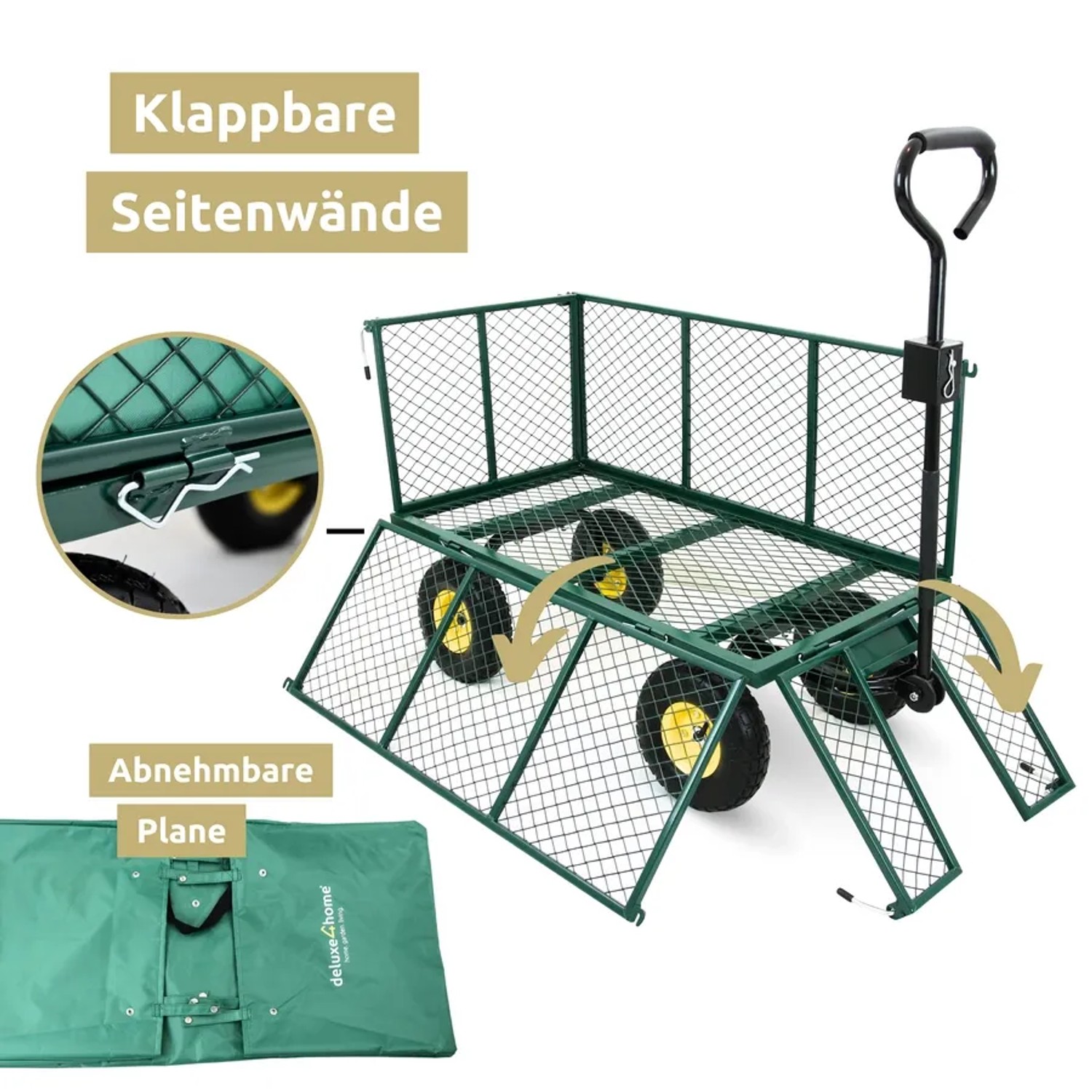 deluxe4home Bollerwagen grün mit klappbaren Seitenwänden und Plane für Camping & Garten.