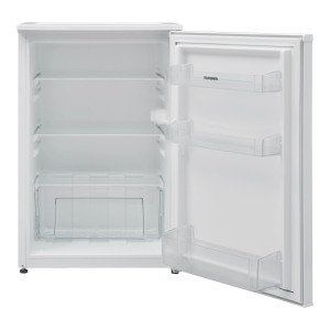 Offener, weißer Telefunken Kühlschrank C-135-100 ohne Gefrierfach mit Glasböden.