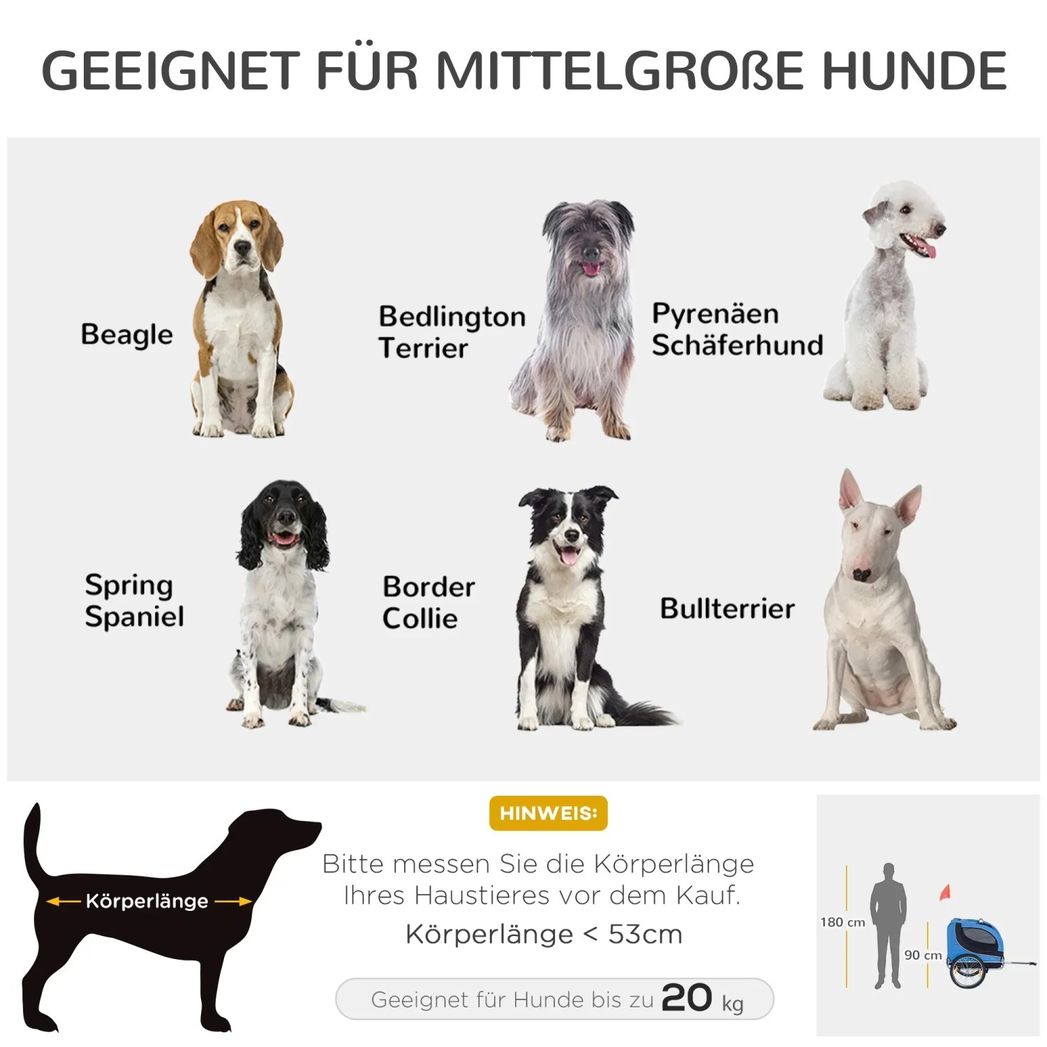 Produktbild: PawHut Hundeanhänger mit Größenhinweis für mittelgroße Hunde.