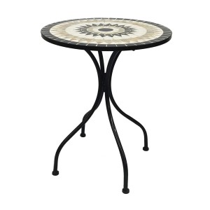 Mojawo Mosaiktisch, Gartentisch, Bistrotisch mit 60 cm Durchmesser. Tischplatte mit Mosaikmuster, schwarzes Metallgestell.
