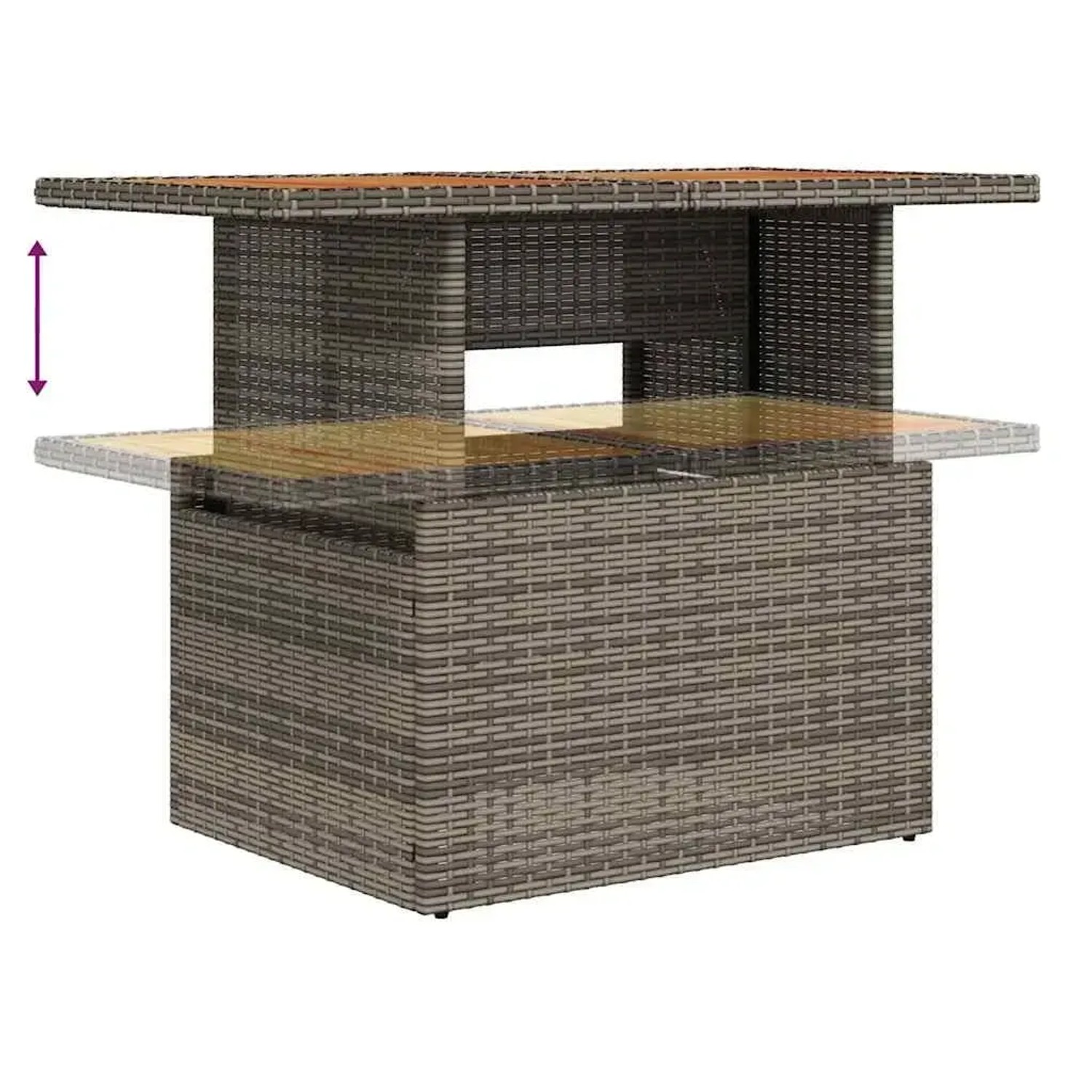 Gartentisch des vidaXL Garten-Sofa-Sets aus grauem Poly Rattan mit ausziehbarer Tischplatte.