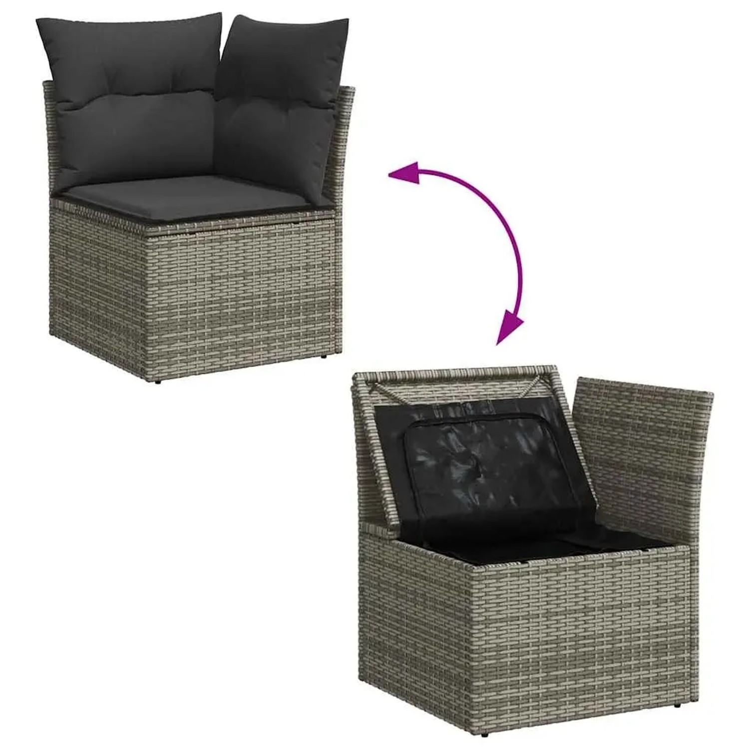 Graue Garten-Sofagarnitur aus Polyrattan mit Kissen, mit Stauraum unter der Sitzfläche.