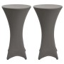 Zwei anthrazitfarbene Beautissu Stella Stretch-Stehtischhussen für Ø 80 cm Tische, elegant und formschlüssig.