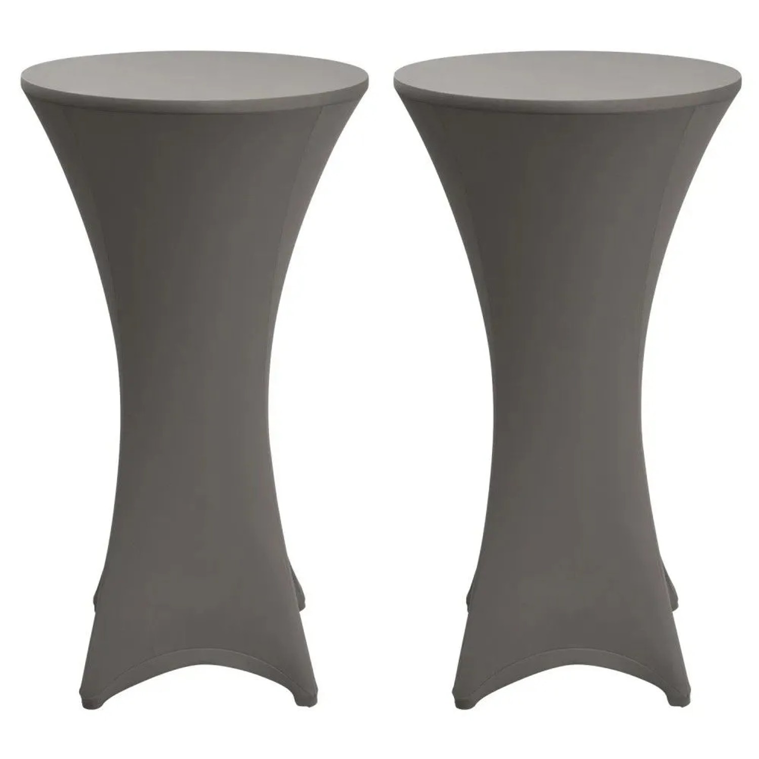 Zwei anthrazitfarbene Beautissu Stella Stretch-Stehtischhussen für Ø 80 cm Tische, elegant und formschlüssig.