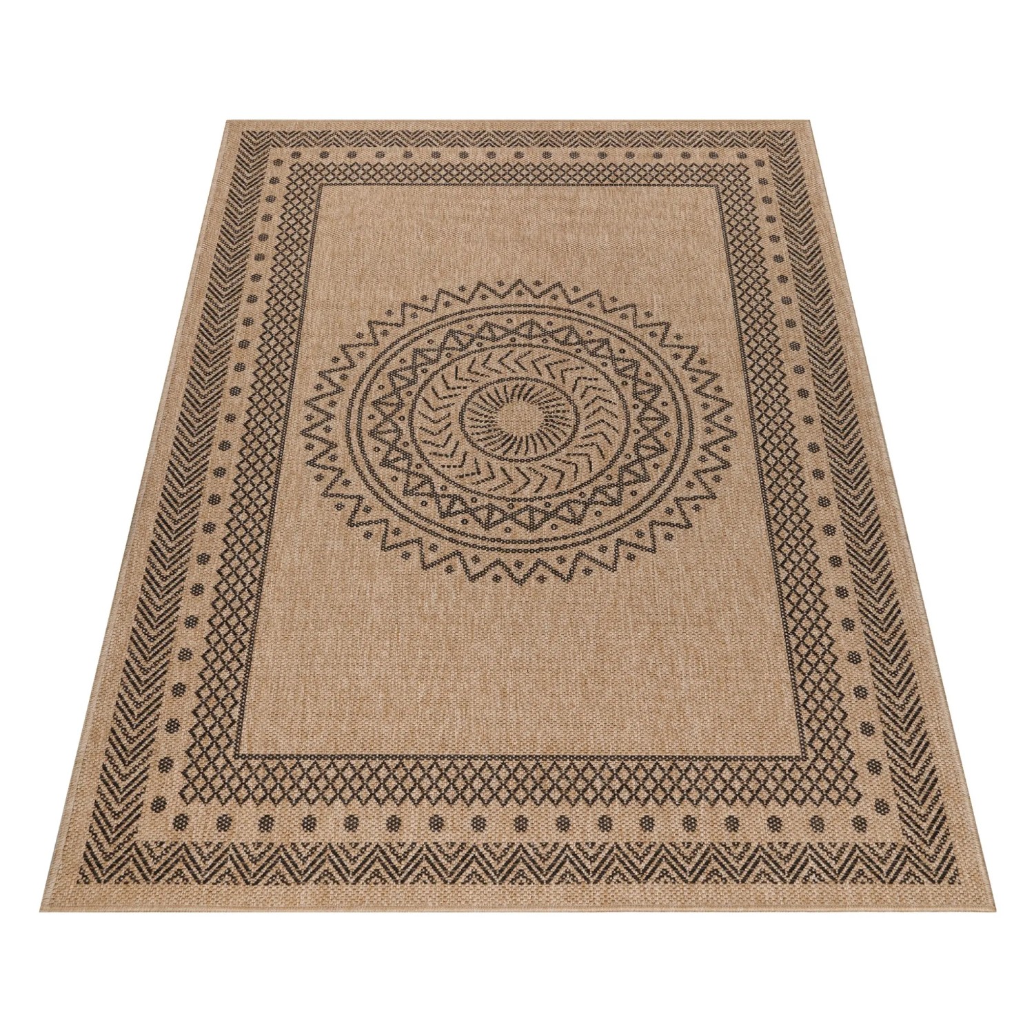 Ayyildiz Outdoor-Teppich Dhaka, 80x150 cm, schwarz mit Vintage-Muster.