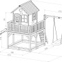 Detaillierte Skizze: Axi Liam Spielhaus mit Nestschaukel und Rutsche, Maße und Details.