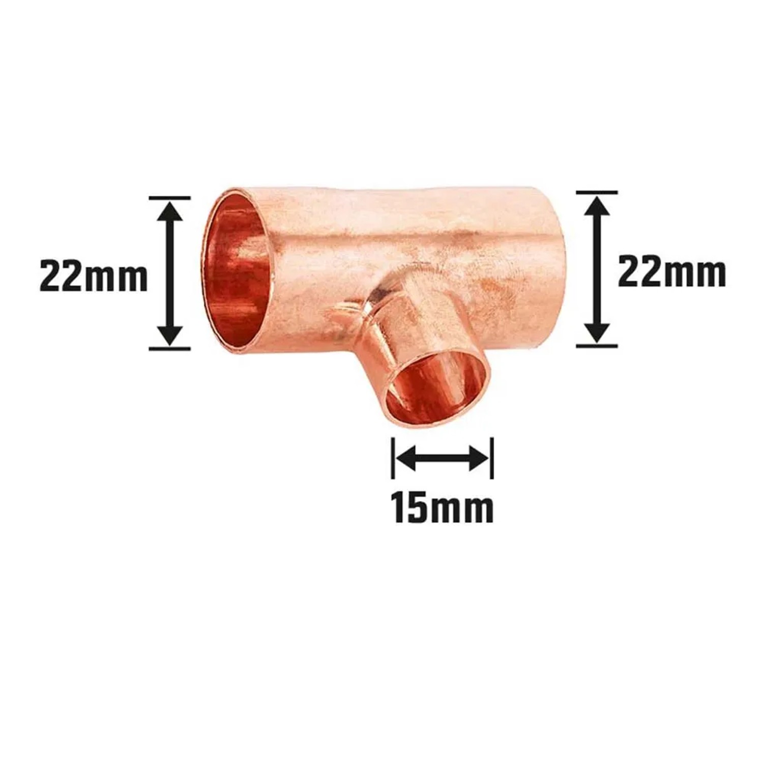 Löt-Reduzier-T-Stück aus Kupfer, 22 mm x 15 mm x 22 mm, für Kupferrohr-Installationen.