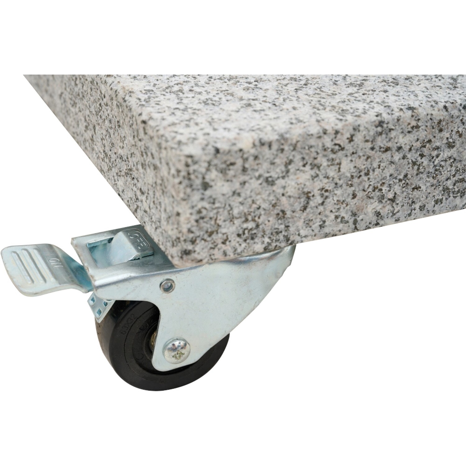 Detailaufnahme: Grauer Siena Garden Granit Schirmständer Ennio mit Rollen und Feststellbremse.