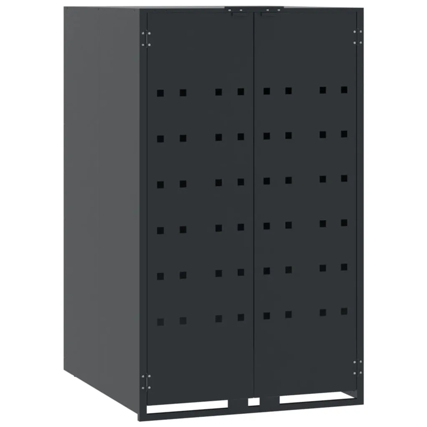 Anthrazitfarbene Mülltonnenbox für 3 Tonnen aus Stahl, 207x79x117 cm, mit Lüftungsschlitzen.