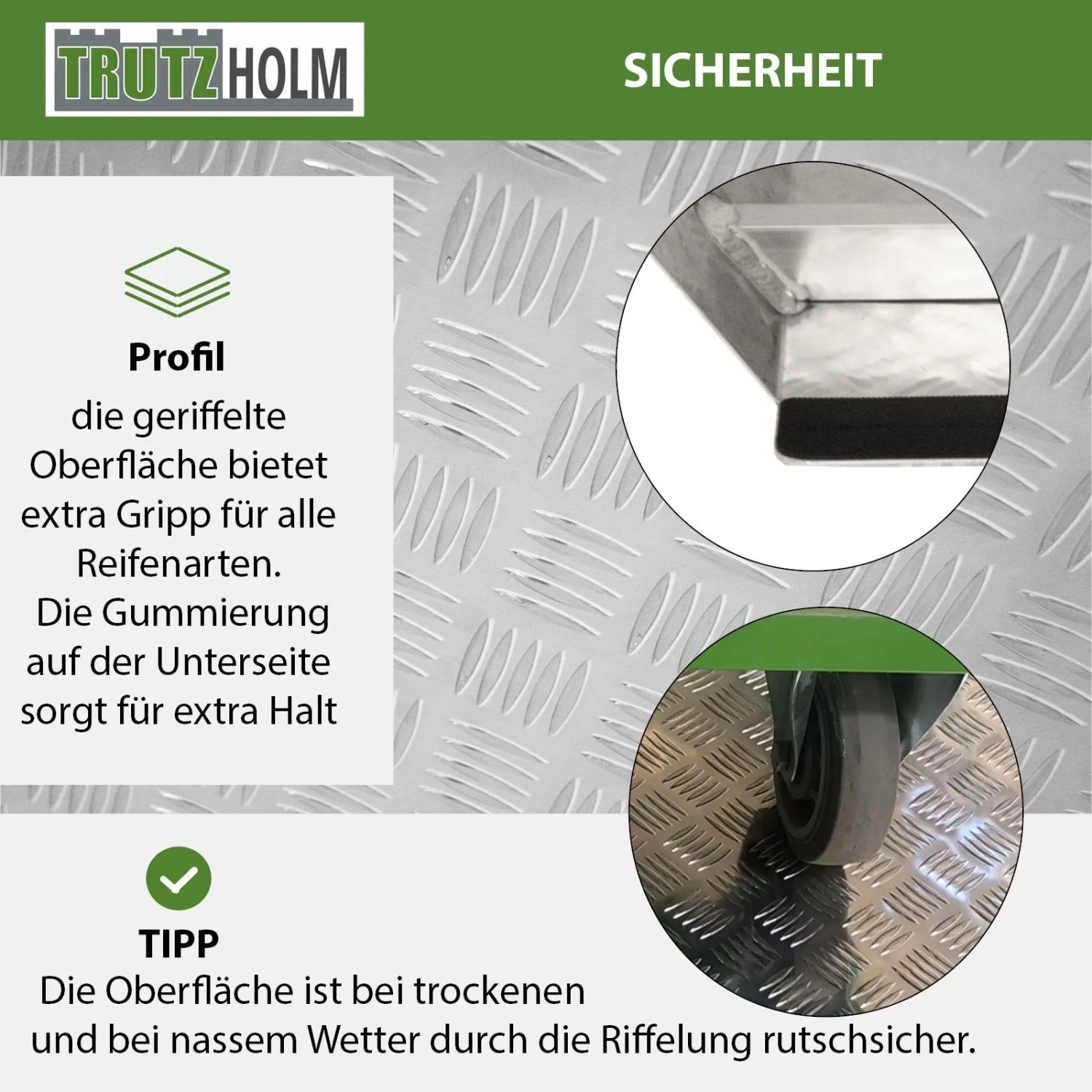 Detailansicht TRUTZHOLM Türschwellenrampe: Rutschfeste Oberfläche und Gummierung für sicheren Halt.