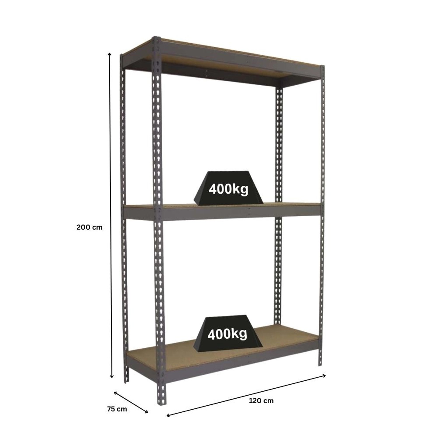 Graues PROREGAL Schwerlastregal Wood Yeti, 200x120x75 cm, mit 400 kg Fachlast.